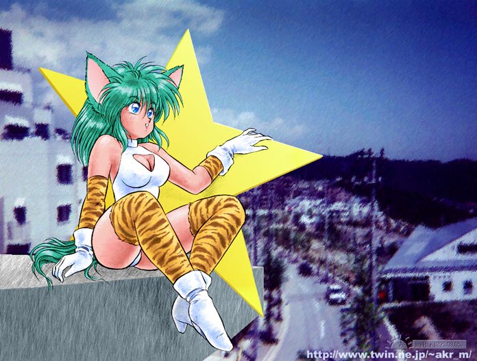 akira m, character request, copyright request, 1990s (style), 1995, 1girl, animal ears, animal print, blush, boots, breasts, building, car, cat ears, cat girl, cat tail, city, cleavage, cleavage cutout, clothing cutout, cloud, dated, female focus, gloves, green hair, high heels, house, large breasts, leotard, long hair, looking up, motor vehicle, orange thighhighs, parted lips, pavement, photo background, power lines, print thighhighs, retro artstyle, road, september, sitting, sky, smile, solo, star (symbol), tail, teeth, thighhighs, tiger print, utility pole, white boots, white gloves, white leotard