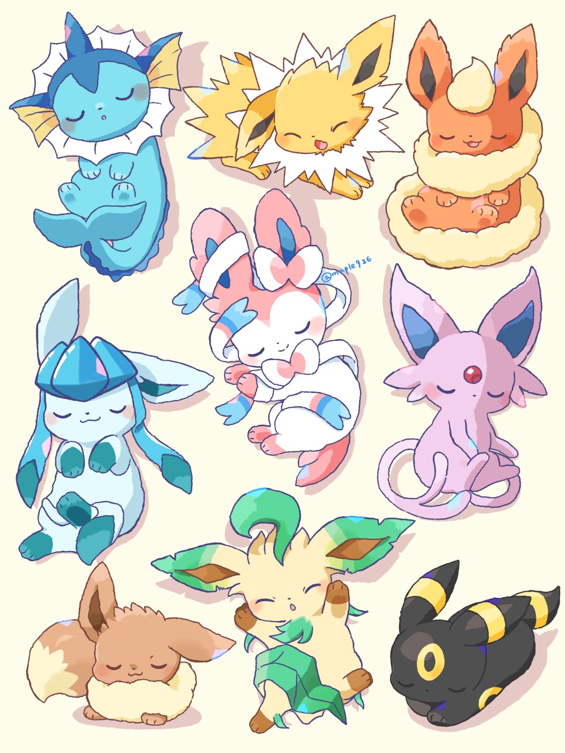 kana (maple926), eevee, espeon, flareon, glaceon, jolteon, leafeon, sylveon, umbreon, vaporeon, nintendo, pokemon, commentary request, highres, blush, closed eyes, closed mouth, full body, gen 1 pokemon, gen 2 pokemon, gen 4 pokemon, gen 6 pokemon, lying, no humans, open mouth, pokemon (creature), pokemon focus, shadow, simple background, sleeping, smile, twitter username, yawning
