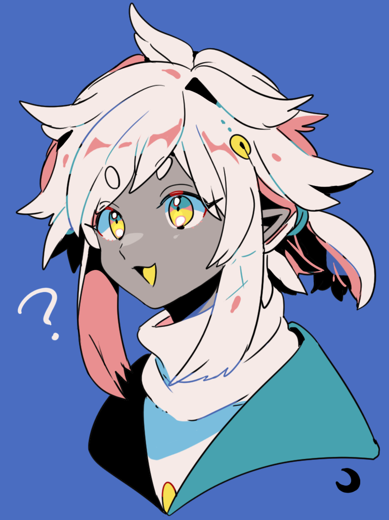 mizuki tsukimori, sky child, sky: children of the light, 1girl, ?, blue background, colored skin, confused, cropped torso, eyelashes, grey skin, looking ahead, open mouth, pointy ears, sidelocks, simple background, solo, thick eyebrows, turtleneck, white hair, yellow eyes