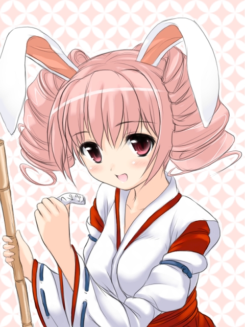 uni8, animal ears, curly hair, japanese clothes, miko, pink eyes, pink hair, rabbit ears, solo