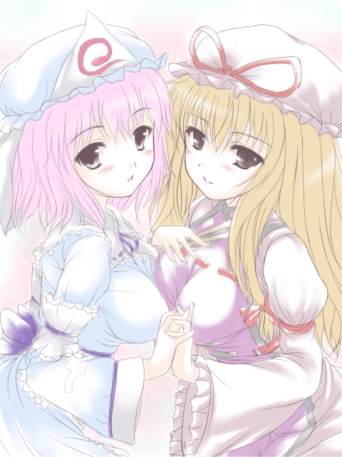 uni8, saigyouji yuyuko, yakumo yukari, touhou, 2girls, breast press, breasts, dress, female focus, gradient background, hat, holding hands, multiple girls, symmetrical docking, white background