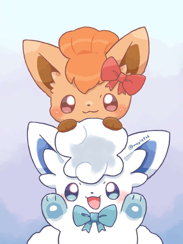 kana (maple926), alolan vulpix, vulpix, nintendo, pokemon, commentary request, alolan form, animal focus, blue bow, blue eyes, blush, bow, brown eyes, closed mouth, fox, gen 1 pokemon, gen 7 pokemon, no humans, open mouth, pokemon (creature), pokemon focus, smile, twitter username