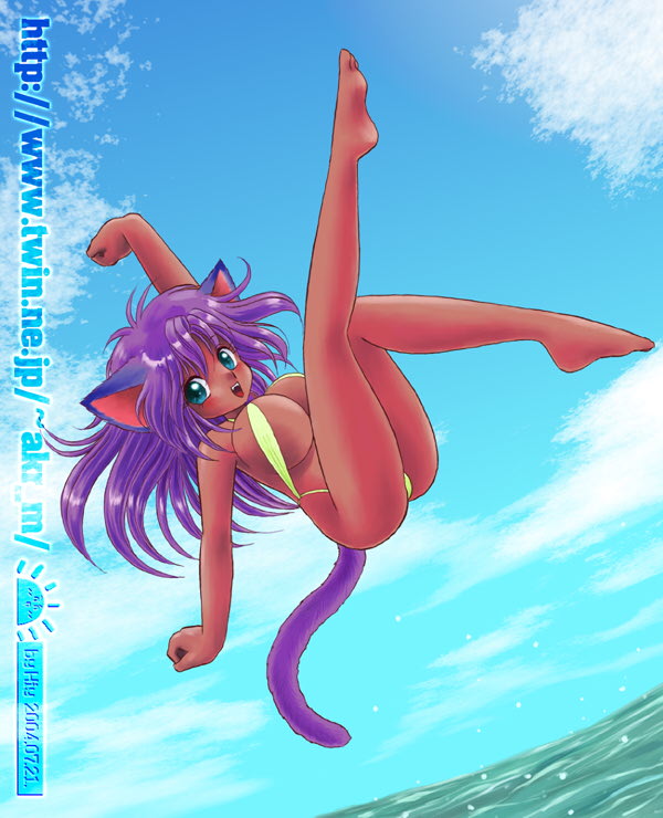 akira m, 00s, 1girl, 2004, :d, animal ears, barefoot, blue eyes, blush, breasts, cat ears, cleavage, cloud, dark-skinned female, dark skin, dated, dutch angle, fangs, female focus, green one-piece swimsuit, huge breasts, july, jumping, legs up, long hair, looking at viewer, midair, ocean, one-piece swimsuit, open mouth, purple hair, sky, slingshot swimsuit, smile, solo, swimsuit, teeth, water, watermark, web address