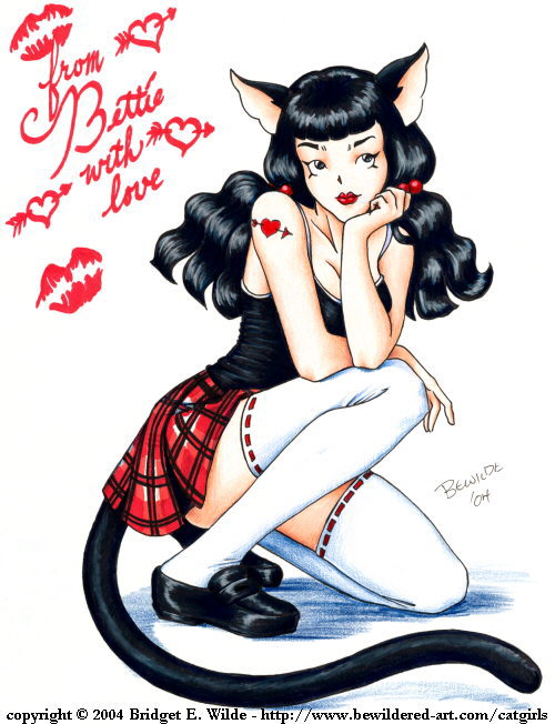 bewildered, 00s, 1girl, 2004, animal ears, arrow through heart, black eyes, black hair, black shirt, black shoes, breasts, cat ears, cat girl, cat tail, cleavage, collarbone, female focus, hair bobbles, hair ornament, head rest, heart, heart tattoo, lipstick mark, long hair, looking up, low twintails, medium breasts, plaid clothes, plaid skirt, red skirt, shirt, shoes, shoulder tattoo, skirt, solo, tail, tank top, tattoo, thighhighs, twintails, white background, white thighhighs