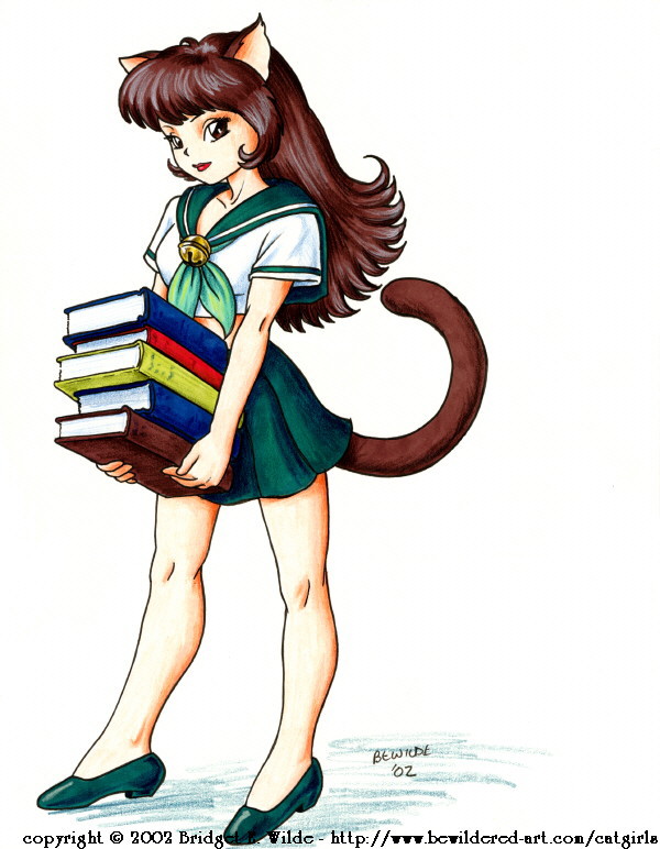bewildered, 00s, 1girl, 2002, animal ears, bell, book, breasts, brown eyes, brown hair, cat ears, cat girl, cat tail, collarbone, female focus, green neckerchief, green shoes, green skirt, holding, jingle bell, long hair, looking at viewer, medium breasts, midriff, neckerchief, school uniform, shirt, shoes, short sleeves, skirt, solo, standing, tail, white background, white shirt
