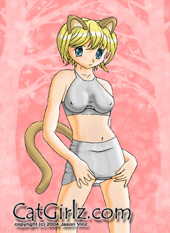 jason vinz, lowres, 00s, 1girl, 2004, animal ears, blonde hair, blue eyes, breasts, cat ears, cat girl, cat tail, clothes lift, collarbone, covered erect nipples, grey shirt, grey skirt, large breasts, looking at viewer, midriff, navel, panties, pink background, shirt, short hair, skirt, skirt lift, sleeveless, sleeveless shirt, smile, standing, tail, underwear, white panties