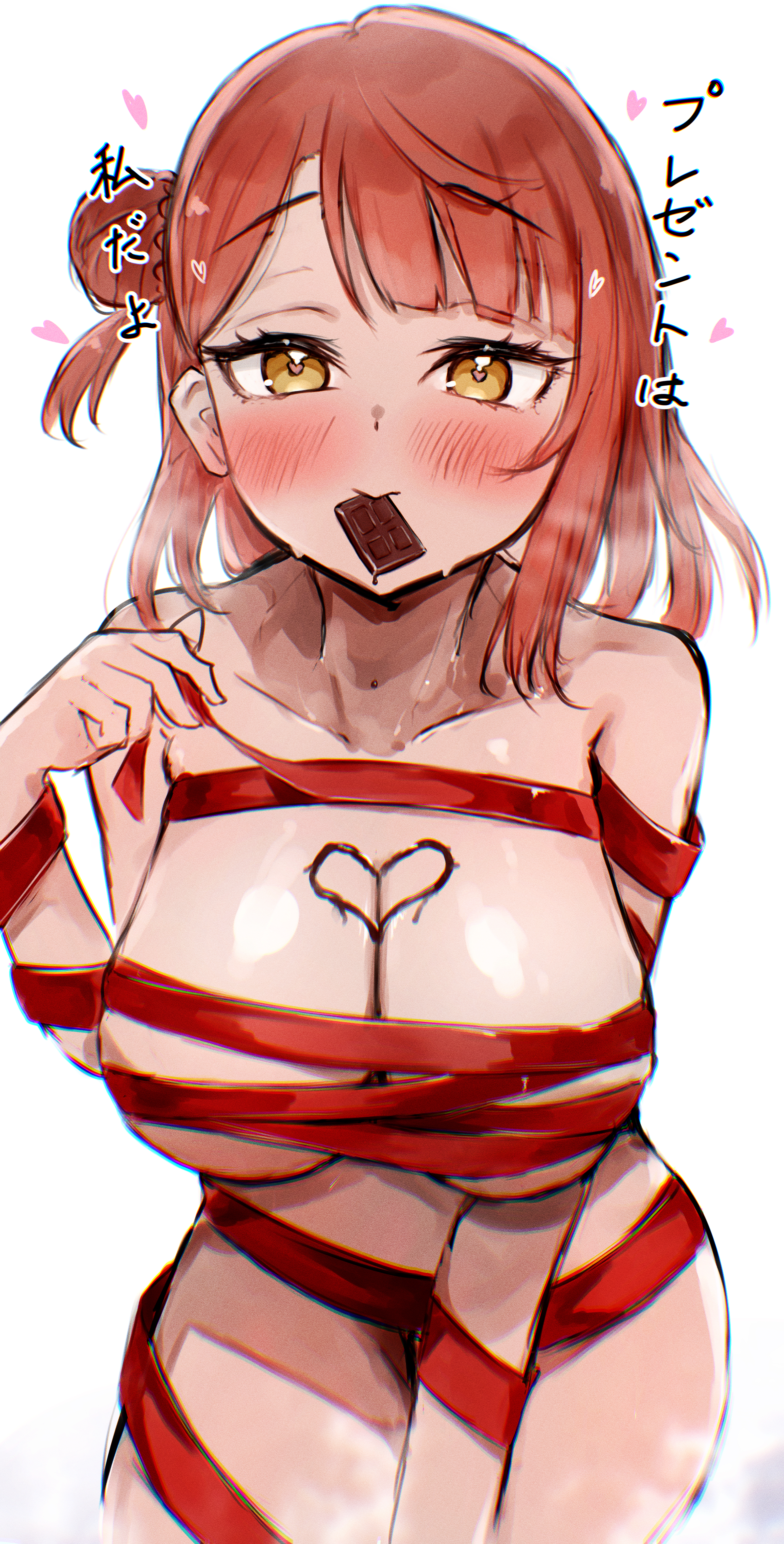syoma (1026syoma), uehara ayumu, love live!, love live! nijigasaki high school idol club, absurdres, commentary request, highres, translation request, 1girl, breasts, bun with braided base, chocolate, chocolate on body, chocolate on breasts, chromatic aberration, cleavage, collarbone, food in mouth, food on body, hair bun, heart, large breasts, leaning forward, medium hair, mouth hold, naked ribbon, orange hair, ribbon, self gift, simple background, single side bun, single sidelock, solo, white background