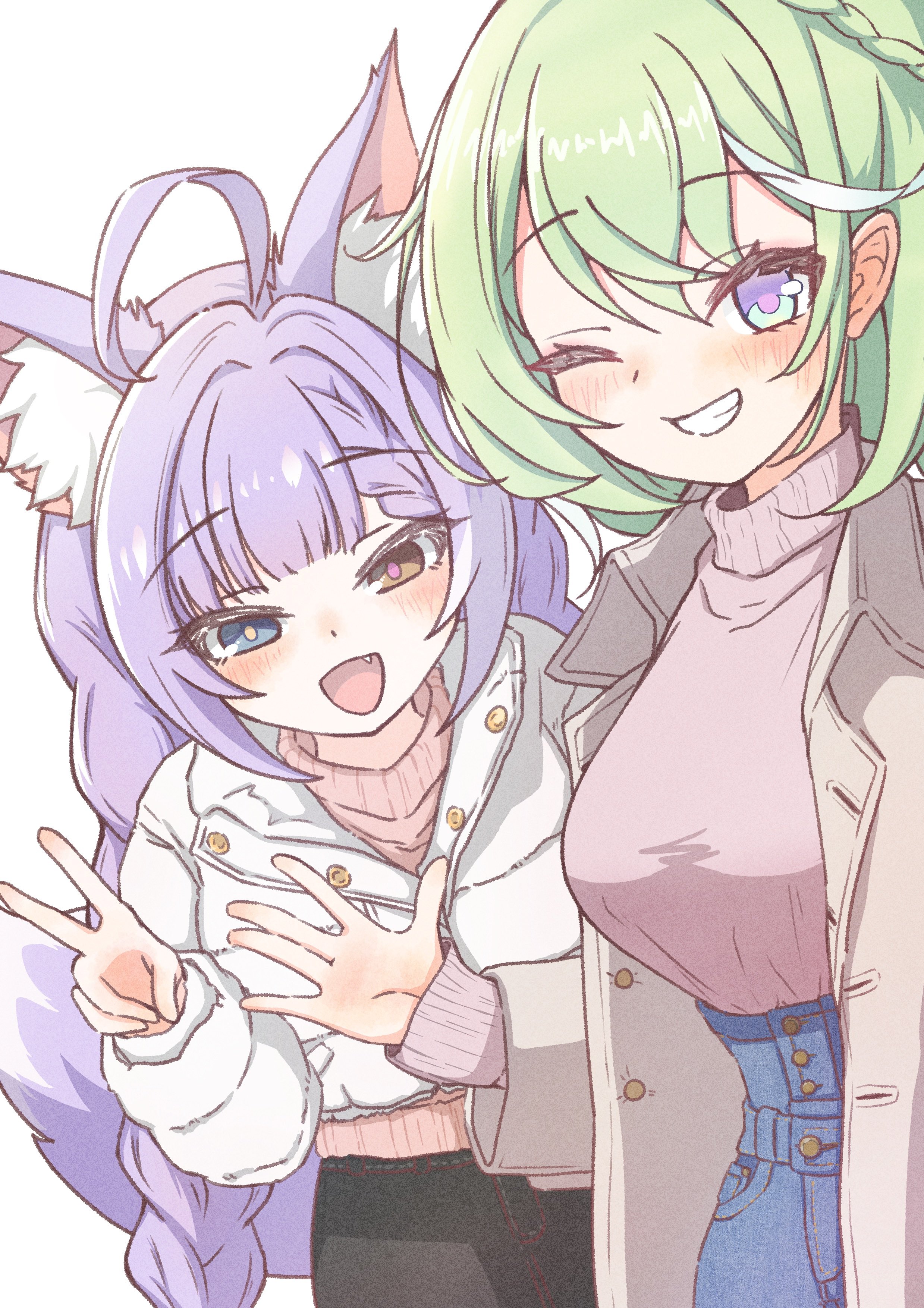 chaeeunhan124, tenko shibuki, yuzuha riko, stellive, absurdres, commentary request, highres, korean commentary, 2girls, ahoge, animal ear fluff, animal ears, black pants, blue eyes, blush, braid, braided bangs, breasts, brown coat, brown eyes, coat, denim, double-parted bangs, fang, green hair, grin, heterochromia, jeans, large breasts, long sleeves, looking at viewer, medium hair, multiple girls, one eye closed, open clothes, open coat, open mouth, pants, pink sweater, purple eyes, purple hair, simple background, smile, sweater, sweater tucked in, trench coat, turtleneck, turtleneck sweater, virtual youtuber, white background, white coat, wispy bangs