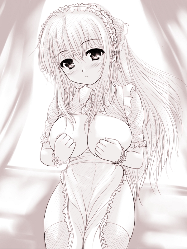 uni8, 1girl, apron, blush, bottomless, breasts, breasts out, covering breasts, covering privates, female focus, head tilt, large breasts, long hair, maid, maid apron, monochrome, open clothes, open shirt, pink theme, shirt, solo, thighhighs