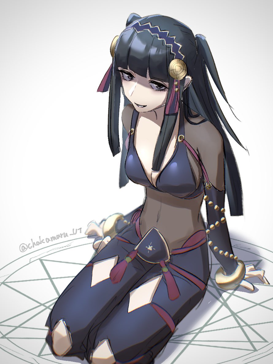 chakamaru ut, rhajat (fire emblem), fire emblem, fire emblem fates, nintendo, 1girl, black hair, bodystocking, breasts, bridal gauntlets, cleavage, hairband, large breasts, long hair, looking at viewer, smile, solo