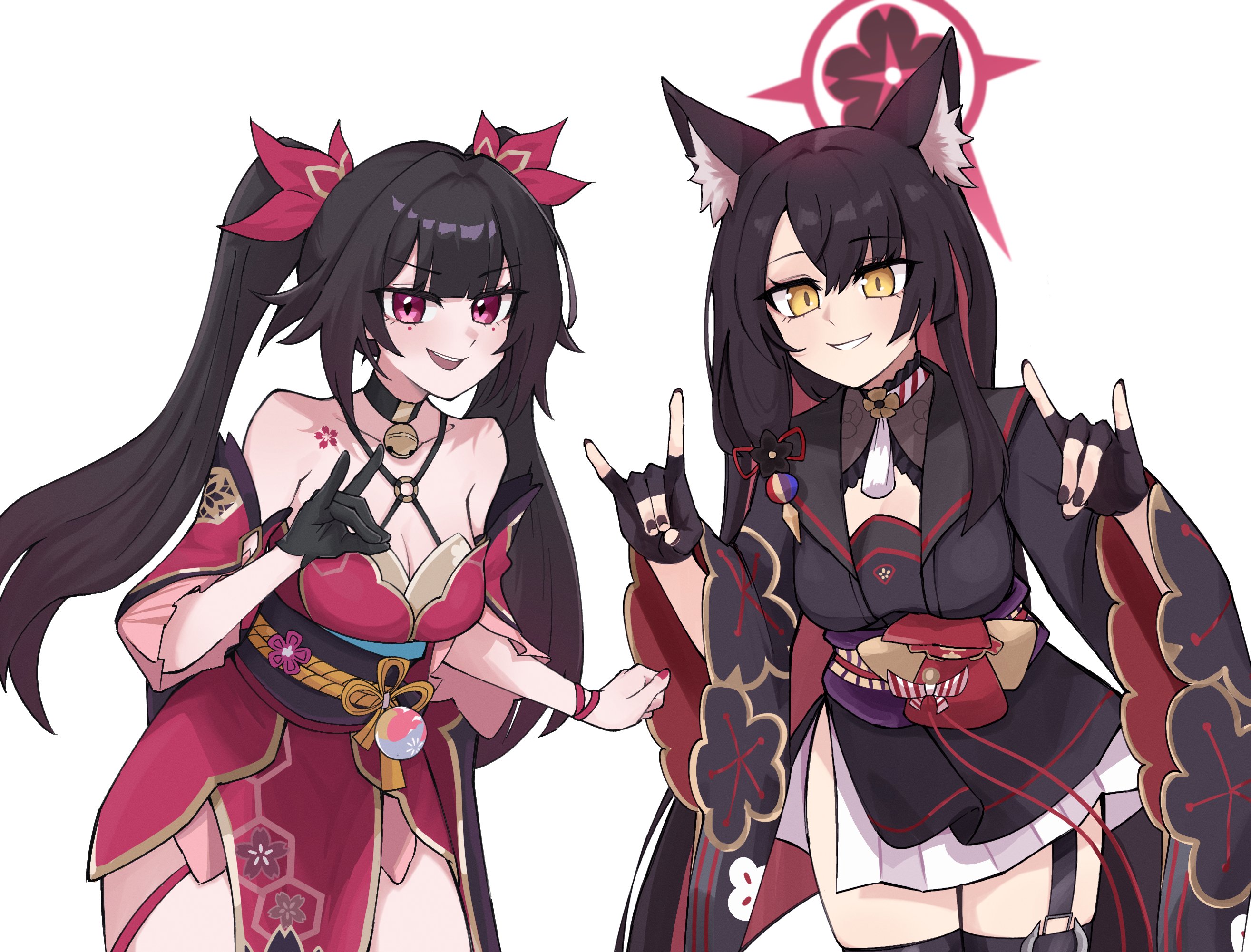pianobat, sparkle (honkai: star rail), wakamo (blue archive), blue archive, honkai: star rail, honkai (series), highres, 2girls, animal ears, bell, brown hair, fingerless gloves, fox ears, gloves, halo, multiple girls, nail polish, neck bell, red eyes, shoulder tattoo, tattoo, yellow eyes