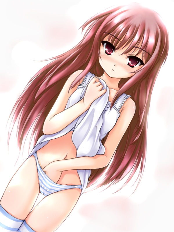 uni8, 1girl, female focus, hand in panties, panties, red eyes, red hair, solo, striped clothes, striped panties, thighhighs, underwear