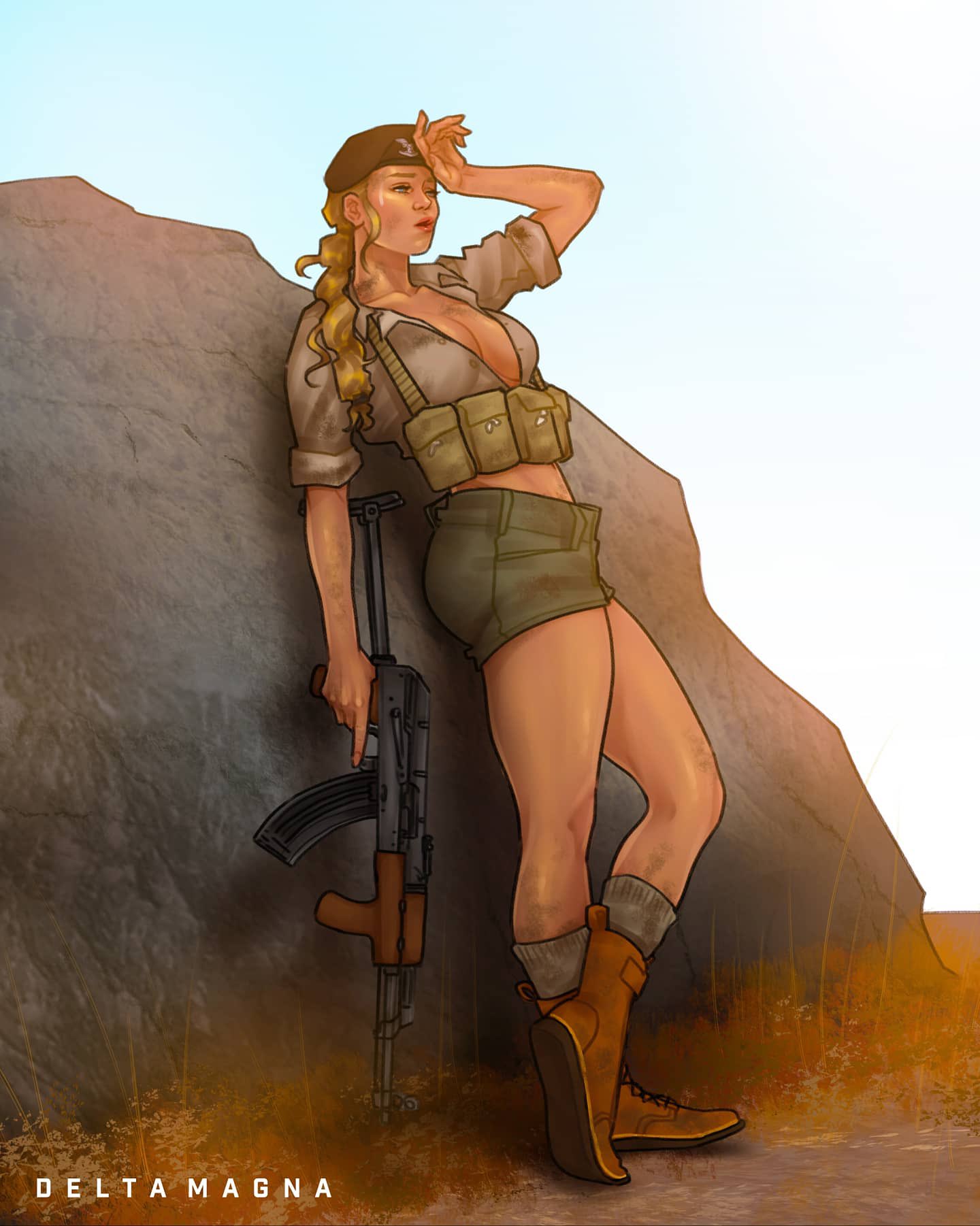 deltamagna, original, highres, 1girl, akm, akms, ammunition pouch, assault rifle, beret, boots, crossed legs, dirty, gun, hand on own forehead, hat, holding, holding weapon, jacket, kalashnikov rifle, looking to the side, midriff peek, military uniform, pouch, rifle, rock, shorts, signature, sleeves rolled up, socks, solo, sweatdrop, weapon