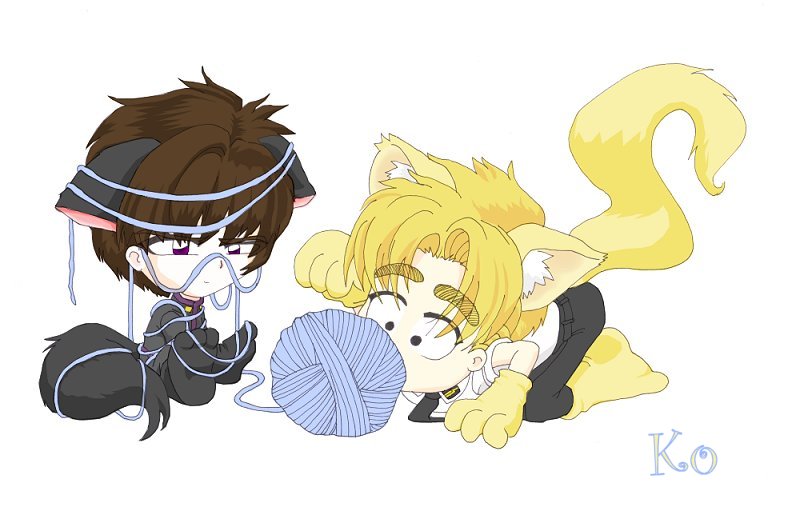 black footwear, paws, yellow footwear, artist request, character request, copyright request, 2boys, all fours, animal ears, black eyes, black jacket, black necktie, black pants, blonde hair, brown eyes, brown hair, cat boy, cat ears, cat tail, gakuran, gloves, jacket, looking at viewer, multiple boys, necktie, pants, paw gloves, paw shoes, school uniform, shirt, shoes, short hair, short sleeves, sitting, tail, white background, white shirt, yarn, yarn ball, yellow gloves