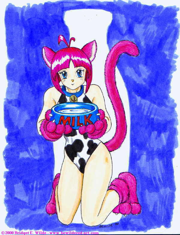 bewildered, paws, pink footwear, jpeg artifacts, 00s, 1girl, 2000, animal ears, animal print, bell, blue background, blue eyes, blush, bottle, bowl, cat ears, cat girl, cat tail, claws, collar, cow print, gloves, holding, jingle bell, kneeling, leotard, looking at viewer, milk, milk bottle, neck bell, paw gloves, paw shoes, pink gloves, pink hair, print leotard, shoes, short hair, smile, tail, white leotard