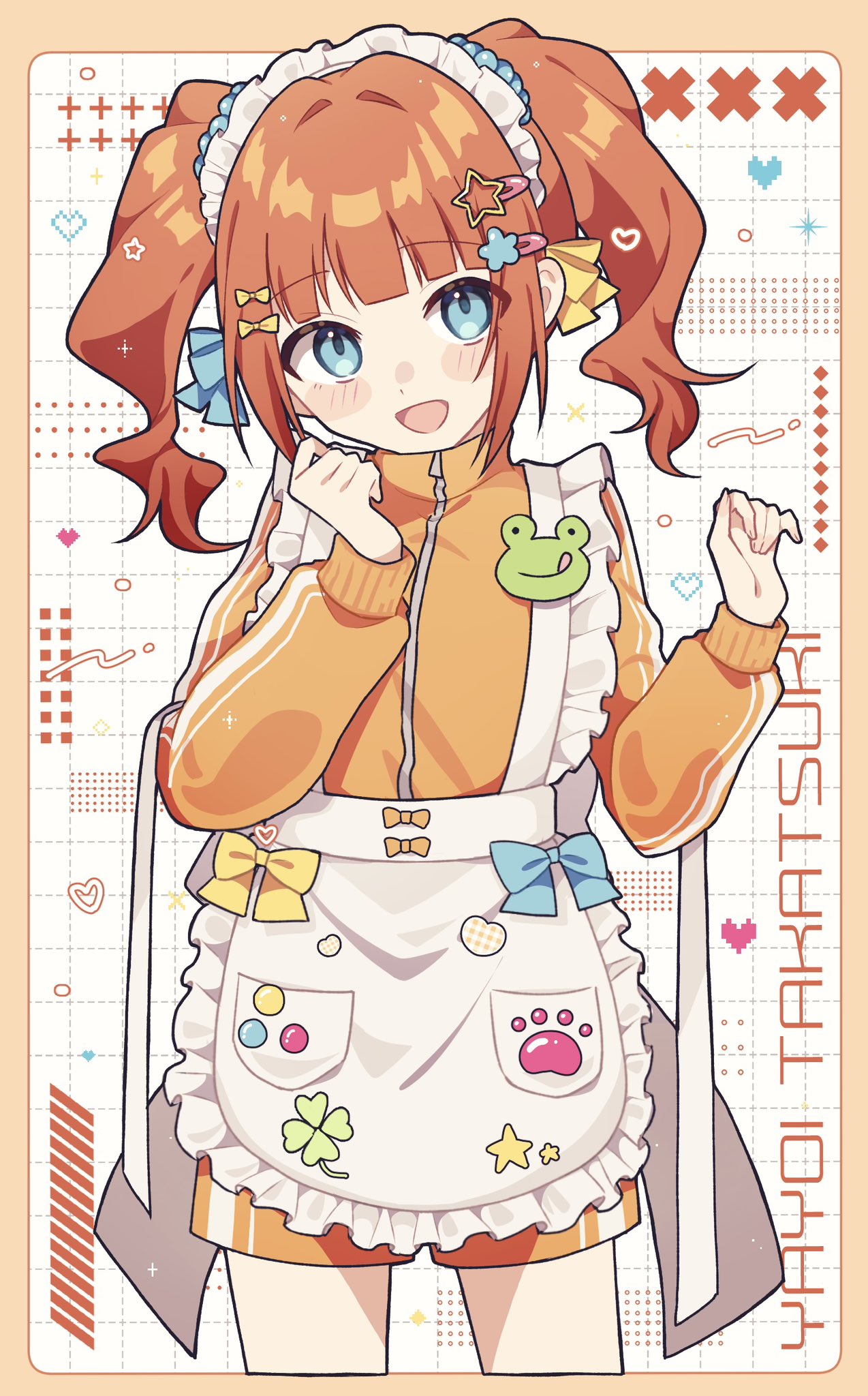 sekka (sekka1202), takatsuki yayoi, idolmaster, idolmaster (classic), highres, 1girl, :d, apron, blue eyes, blush stickers, border, character name, clover, cowboy shot, four-leaf clover, grid background, hair ornament, hairclip, hands up, heart, jacket, jersey maid, long sleeves, looking at viewer, maid, maid apron, maid headdress, open mouth, orange hair, paw print, smile, solo, star (symbol), star hair ornament, track jacket, twintails, unconventional maid, white apron