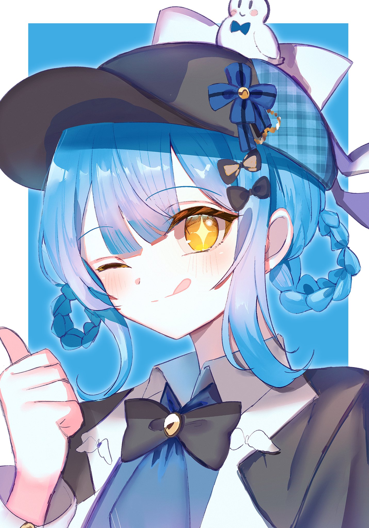 tachibana sherry, mahou shoujo no majo saiban, commentary request, highres, + +, 1girl, ;q, atoneko, black bow, black bowtie, black hat, blue background, blue hair, blue necktie, border, bow, bowtie, braid, braided hair rings, closed mouth, collared shirt, deerstalker, detective, hair bow, hair rings, hat, looking at viewer, magical girl, necktie, one eye closed, outside border, shirt, short hair, smile, solo, thumbs up, tongue, tongue out, upper body, white border, white shirt, yellow eyes