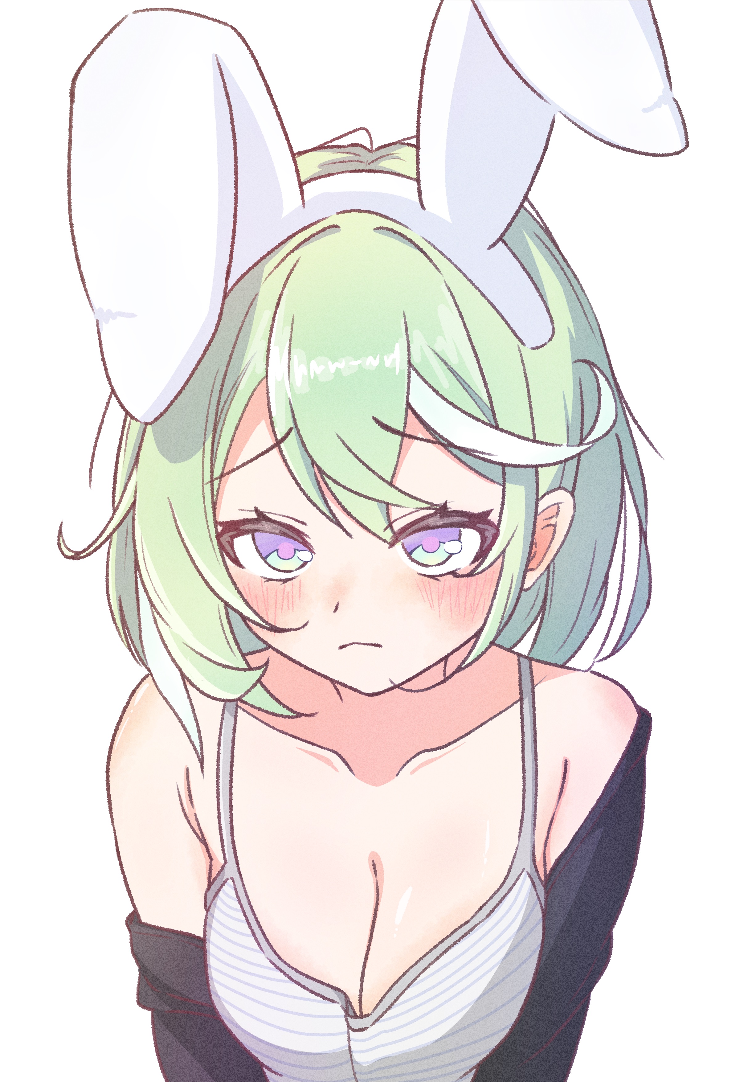 chaeeunhan124, yuzuha riko, stellive, absurdres, commentary request, highres, korean commentary, 1girl, animal ear hairband, animal ears, armpit crease, black jacket, blush, breasts, camisole, cleavage, closed mouth, collarbone, double-parted bangs, fake animal ears, frown, green hair, hairband, jacket, large breasts, looking at viewer, medium hair, multicolored hair, off shoulder, open clothes, open jacket, purple eyes, rabbit ear hairband, rabbit ears, raised inner eyebrows, simple background, solo, streaked hair, striped camisole, upper body, virtual youtuber, white background, white camisole, white hairband, white streaks