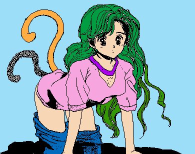 artist request, lowres, 1girl, all fours, animal ears, blue background, blue pants, blush, breasts, cat ears, cat girl, cat tail, clothes pull, denim, green eyes, green hair, jeans, long hair, looking at viewer, medium breasts, multiple tails, pants, pants pull, pink shirt, shirt, short sleeves, tail