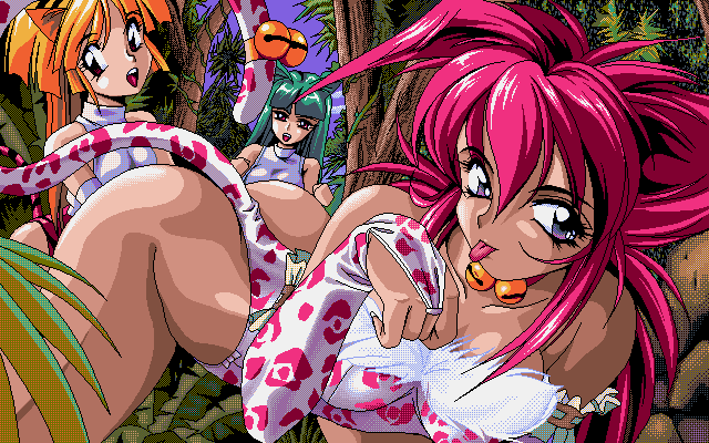 marble cooking, 3girls, all fours, animal ears, animal print, ass, bell, blonde hair, breasts, brown eyes, cat ears, cat girl, cat tail, cloud, collar, collarbone, fingerless gloves, forest, fur-trimmed leotard, fur trim, gloves, green eyes, jingle bell, large breasts, leopard print, leotard, long hair, looking at viewer, multiple girls, nature, neck bell, open mouth, print gloves, print leotard, purple eyes, purple gloves, purple leotard, purple shirt, red eyes, red hair, shirt, sky, sleeveless, sleeveless shirt, smile, tail, teeth, tongue, tongue out, tree, white shirt