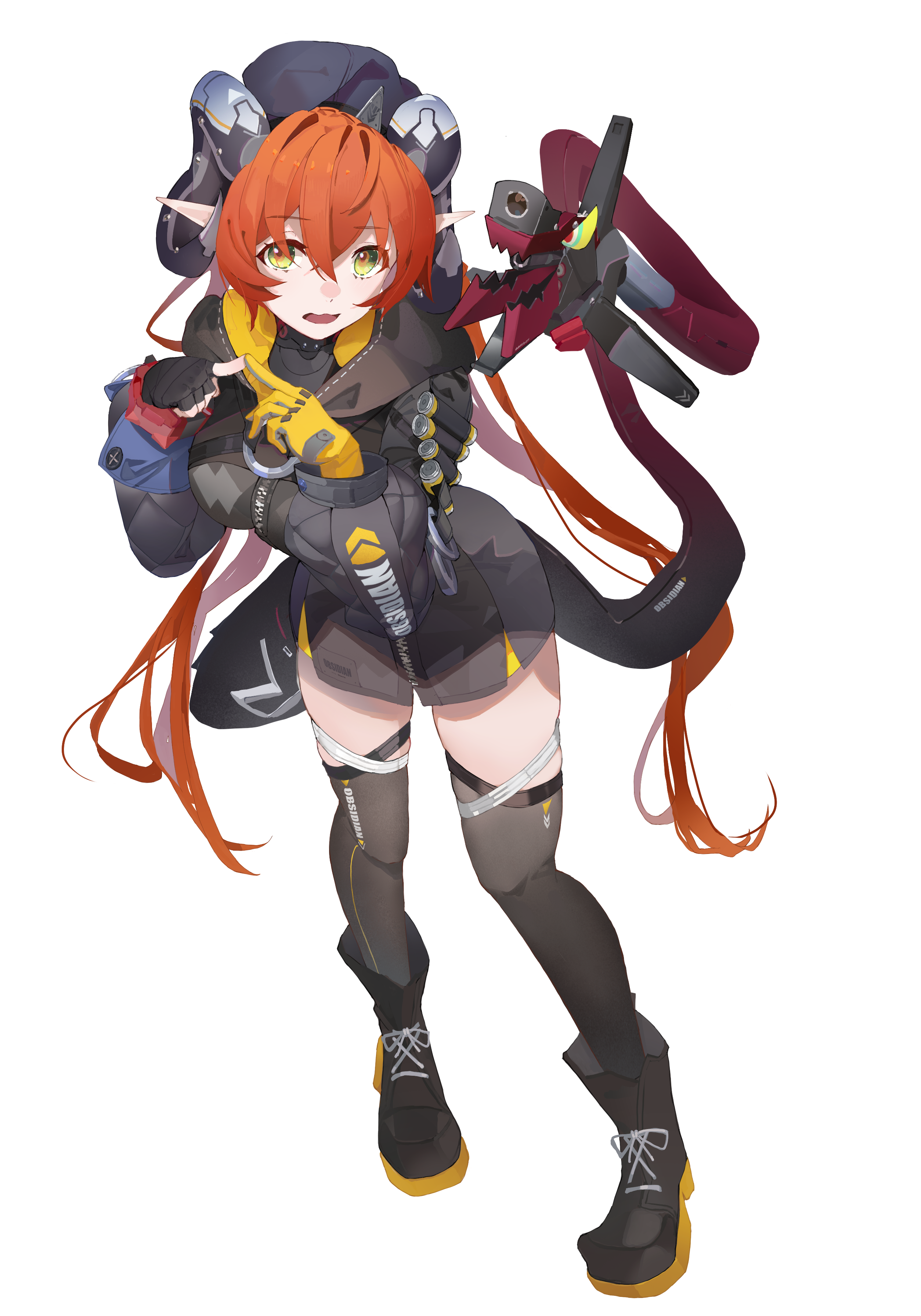 same (sendai623), magus (zenless zone zero), orphie magnusson, zenless zone zero, absurdres, highres, 1girl, black gloves, black hat, black hoodie, black shoes, black thighhighs, fingerless gloves, gloves, hat, hood, hoodie, long hair, looking at viewer, mechanical tail, open mouth, pointy ears, red hair, shoes, tail, thighhighs, twintails, very long hair, white background, yellow eyes, yellow gloves