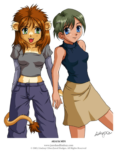 jared hodges, lindsay cibos, 00s, 2003, 2girls, animal ears, blue eyes, blue shirt, breasts, brown hair, brown skirt, collarbone, fangs, freckles, furry, green eyes, green hair, grey pants, grey shirt, hair ornament, hairclip, lion ears, lion girl, lion tail, long hair, long sleeves, looking at viewer, midriff, multiple girls, navel, open mouth, pants, shirt, short hair, simple background, skirt, sleeveless, sleeveless shirt, small breasts, smile, standing, tail, teeth, white background