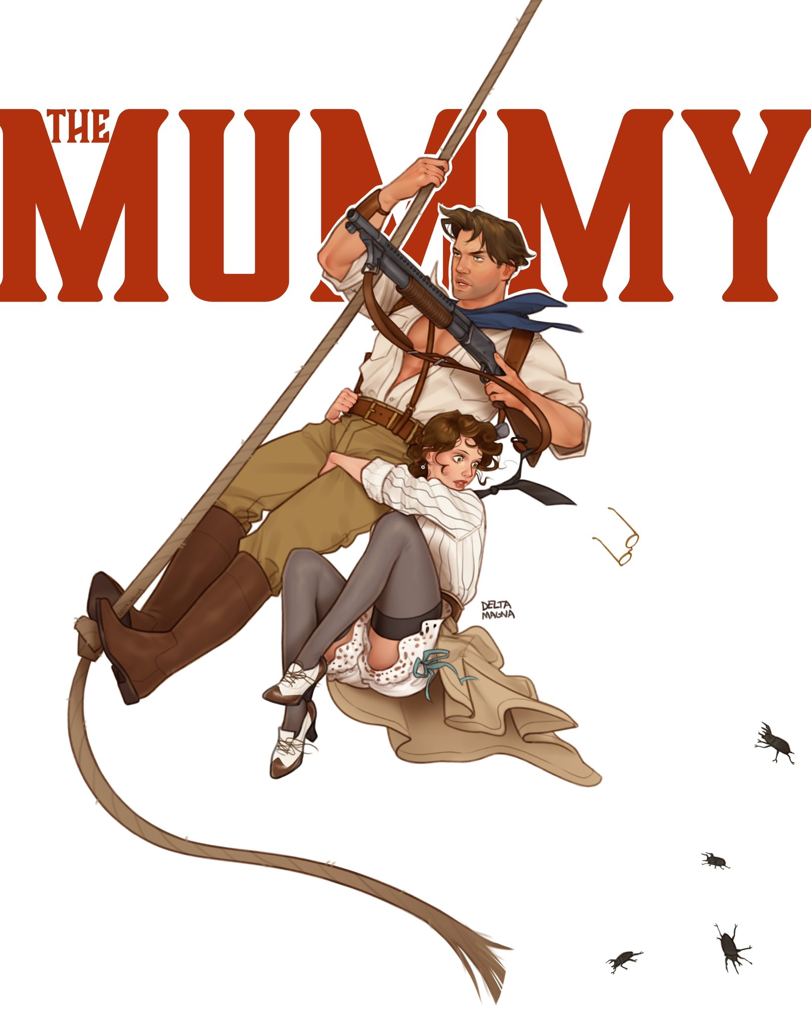 deltamagna, evelyn carnahan, rick o'connell, highres, 1boy, 1girl, boots, brown hair, english text, glasses, holding, holding another's leg, layered clothes, looking to the side, movie poster, pants, pump action, rope, signature, swinging on rope, text background, the mummy (series), thighhighs, white background