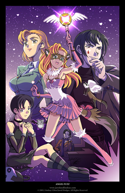 jared hodges, lindsay cibos, black footwear, pink footwear, 00s, 1boy, 2003, 4girls, animal, animal ears, black dress, black hair, black jacket, black shirt, black socks, blonde hair, blue eyes, blush, boots, breasts, brown eyes, brown jacket, cat ears, cat girl, cat tail, choker, cross, cross earrings, dress, earrings, facial mark, ferret, formal clothes, fur-trimmed boots, fur-trimmed gloves, fur trim, gloves, green jacket, green necktie, hand on own hip, heart, holding, jacket, jewelry, long hair, long sleeves, magical girl, mask, medium breasts, mouse (animal), multiple girls, necktie, open mouth, pink dress, pink gloves, purple scarf, ribbon, scarf, shirt, shoes, short hair, sky, sleeveless, sleeveless dress, small breasts, smile, socks, sparkle, star (sky), starry sky, striped clothes, striped socks, suit, tail, tail ornament, tail ribbon, teardrop facial mark, wand, white shirt