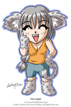 jared hodges, lindsay cibos, grey footwear, paws, lowres, 1girl, animal ears, blue shorts, blush, breasts, cat ears, cat girl, cat tail, chibi, cleavage, closed eyes, fangs, gloves, grey gloves, hand on own hip, open mouth, orange shirt, paw gloves, paw shoes, shirt, shoes, shorts, small breasts, smile, tail, tank top, teeth, thumbs up, white background