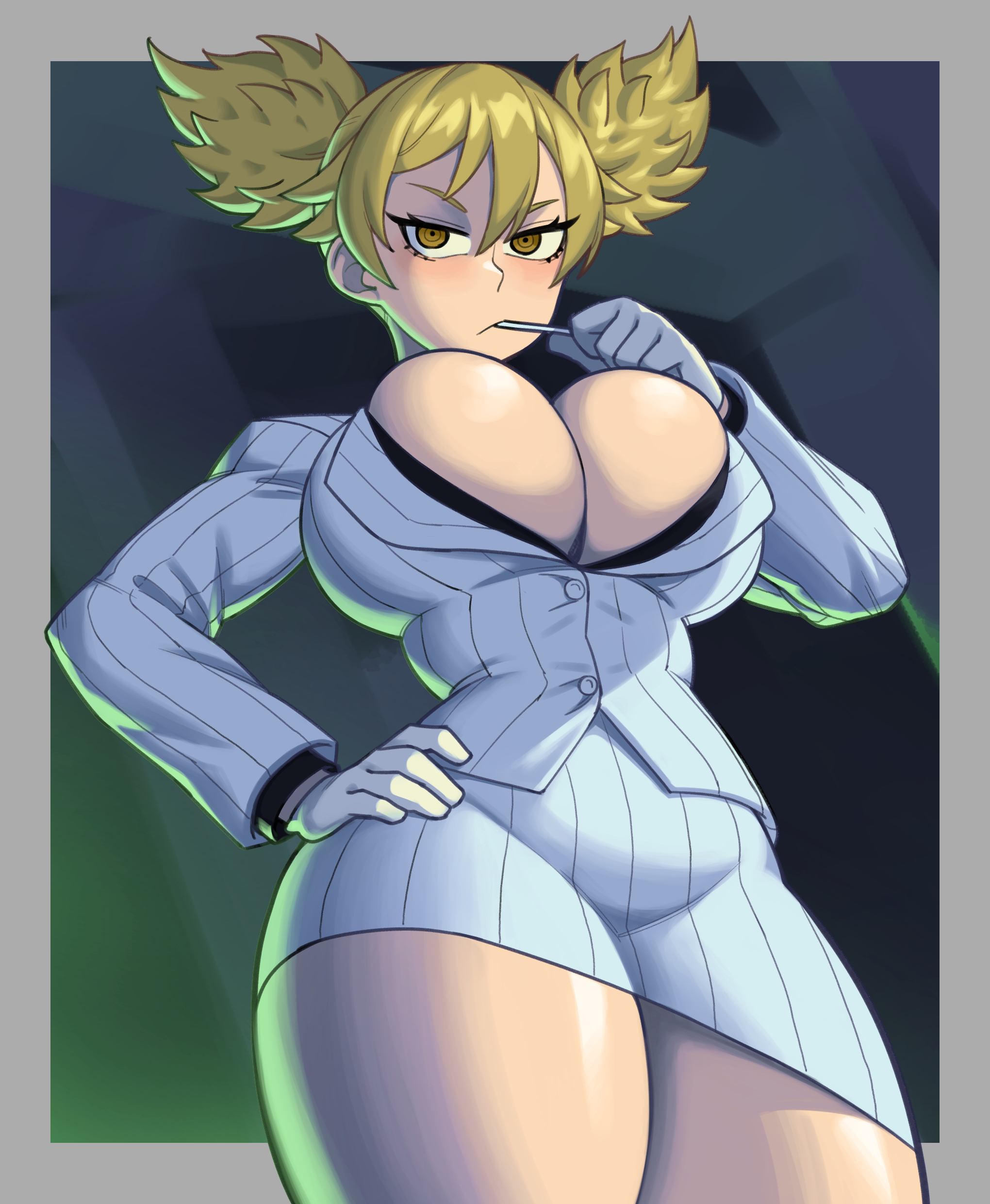 mrcrazyp3, momokusa yomogi, tougen anki, absurdres, highres, 1girl, blonde hair, blush, breasts, buttons, candy, cleavage, closed mouth, cropped legs, eating, food, formal clothes, gauntlets, hand on own hip, hand up, huge breasts, jacket, lollipop, lollipop in mouth, looking at viewer, serious, shiny skin, short hair, short twintails, skirt, solo, striped clothes, striped jacket, striped skirt, striped suit, suit, twintails, yellow eyes