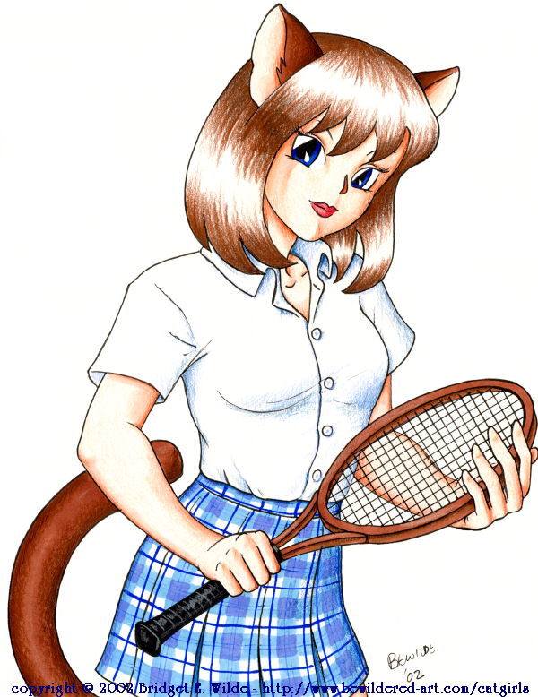 bewildered, traditional media, 00s, 1girl, 2002, animal ears, blue eyes, blue skirt, breasts, brown hair, cat ears, cat girl, cat tail, collarbone, female focus, holding, looking at viewer, medium breasts, plaid clothes, plaid skirt, racket, shirt, short hair, short sleeves, simple background, skirt, solo, standing, tail, tennis racket, white background, white shirt