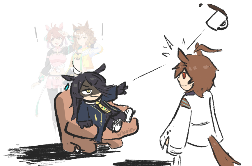 whooie, agnes tachyon (umamusume), dantsu flame (umamusume), jungle pocket (umamusume), manhattan cafe (umamusume), umamusume, commentary, microsoft paint (medium), 4girls, ahoge, artist name, black coat, black gloves, black pantyhose, black shirt, chair, coat, collared shirt, contrast collar, cup, ear ornament, ear tag, earrings, frown, furrowed brow, gloves, hair over one eye, hair ribbon, horse girl, horse tail, jewelry, lab coat, long bangs, long sleeves, motion lines, mug, multicolored hair, multiple girls, necktie, on chair, pantyhose, red eyes, ribbon, shade, shirt, single earring, sitting, spilling, tail, throwing, white coat, white hair, yellow necktie