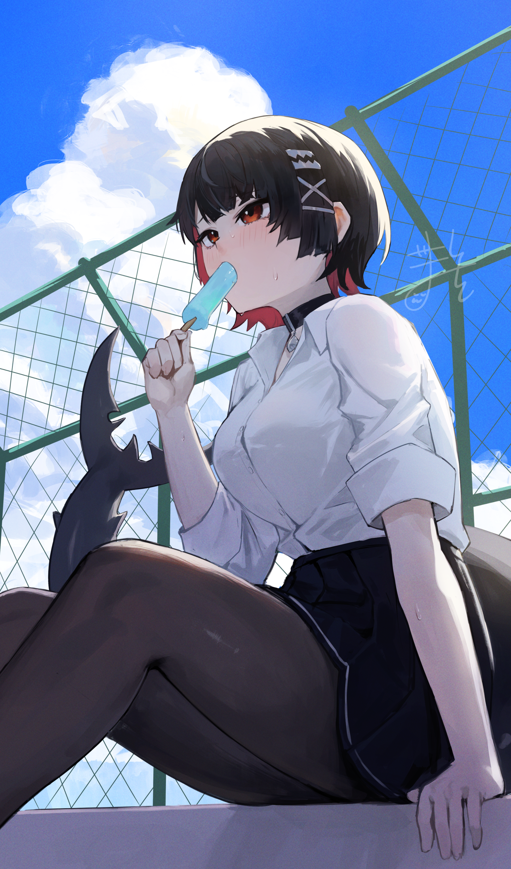 gomashiwo o, ellen joe, ellen joe (on campus), zenless zone zero, absurdres, highres, black choker, black hair, black pantyhose, black skirt, blue sky, blush, chain-link fence, choker, cloud, collared shirt, colored inner hair, fence, fins, fish tail, food, hair ornament, hairpin, holding, holding food, holding popsicle, multicolored hair, official alternate costume, outdoors, pantyhose, popsicle, red eyes, red hair, shark girl, shark tail, shirt, short hair, skirt, sky, tail, white shirt, x hair ornament
