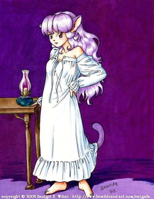 bewildered, traditional media, 00s, 1girl, 2002, animal ears, barefoot, breasts, candle, cat ears, cat girl, cat tail, cleavage, collarbone, female focus, hand on own hip, long hair, long sleeves, looking at viewer, medium breasts, nightgown, purple eyes, purple hair, solo, standing, table, tail, white nightgown