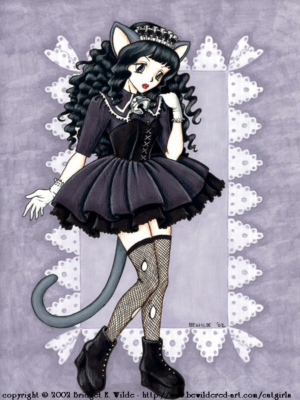 bewildered, traditional media, 00s, 1girl, 2002, animal ears, bell, black boots, black dress, black hair, black thighhighs, boots, breasts, cat ears, cat girl, cat tail, dress, female focus, fishnets, gloves, gothic lolita, grey background, grey eyes, jingle bell, lolita fashion, long hair, looking at viewer, medium breasts, red lips, short sleeves, solo, tail, thighhighs, torn clothes, torn thighhighs, white gloves, zettai ryouiki