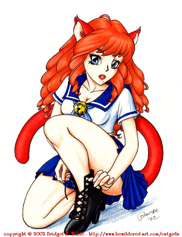 bewildered, traditional media, 00s, 1girl, 2002, animal ears, bell, black boots, blue eyes, blue neckerchief, blue skirt, boots, breasts, cat ears, cat girl, cat tail, cleavage, collarbone, female focus, high heels, jingle bell, long hair, looking at viewer, medium breasts, neckerchief, on one knee, red hair, red lips, school uniform, shirt, short sleeves, skirt, solo, tail, white background, white shirt
