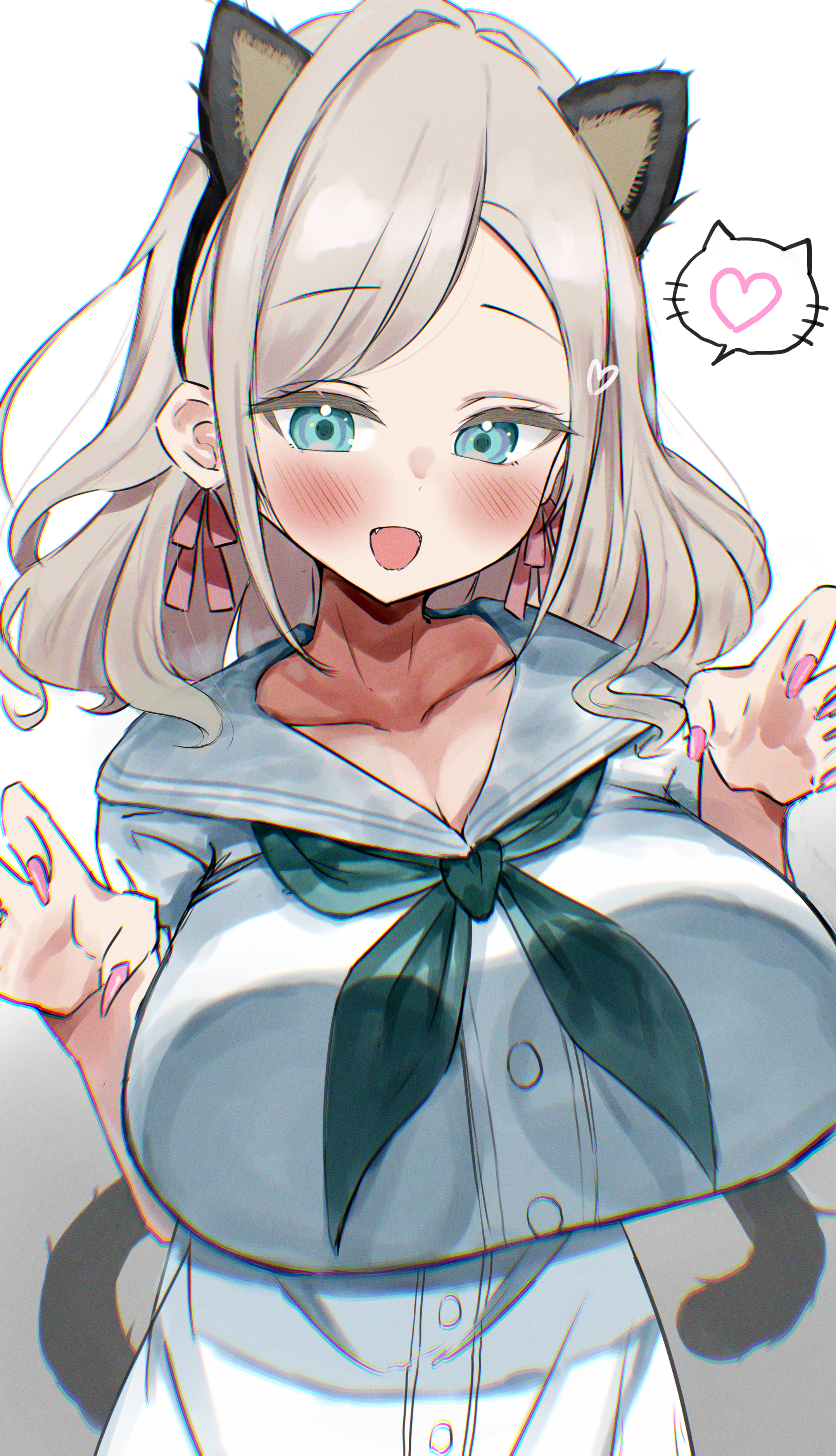 syoma (1026syoma), ceras yanagida lilienfeld, link! like! love live!, love live!, absurdres, commentary request, highres, 1girl, :d, animal ear hairband, animal ears, blue eyes, breasts, cat ear hairband, cat ears, claw pose, cleavage, collarbone, dress, fake animal ears, fangs, fingernails, gradient background, green neckerchief, grey hair, hair ribbon, hairband, hasu no sora school uniform, heart, huge breasts, long fingernails, long hair, looking at viewer, neckerchief, open mouth, pink nails, pink ribbon, ribbon, sailor collar, sailor dress, school uniform, short sleeves, simple background, smile, solo, spoken heart, summer uniform, upper body, virtual youtuber, white background, white dress, white sailor collar