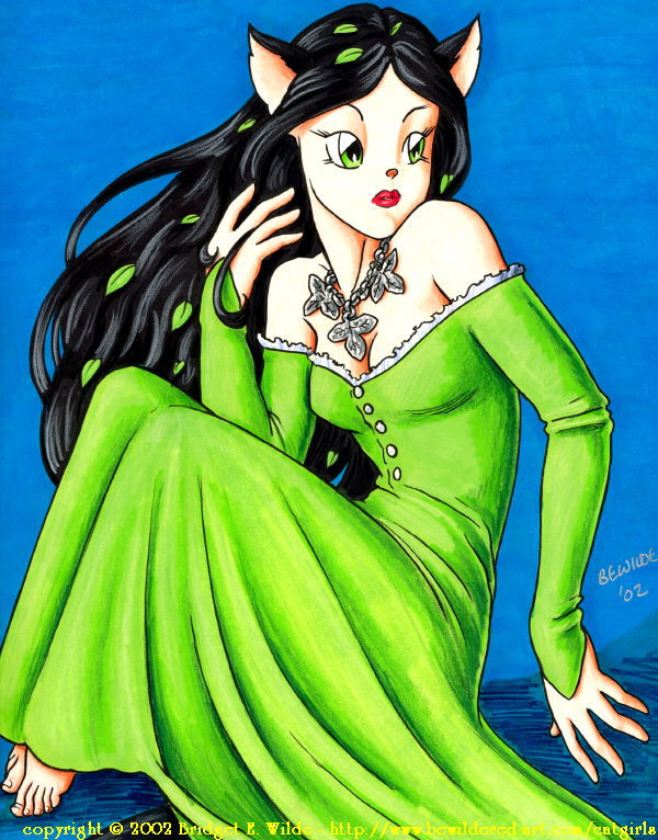 bewildered, traditional media, 00s, 1girl, 2002, animal ears, barefoot, black hair, blue background, breasts, cat ears, cat girl, cleavage, collarbone, dress, female focus, green dress, green eyes, hair ornament, jewelry, leaf, leaf hair ornament, leaf necklace, long hair, long sleeves, looking to the side, medium breasts, necklace, red lips, sitting, solo, tail