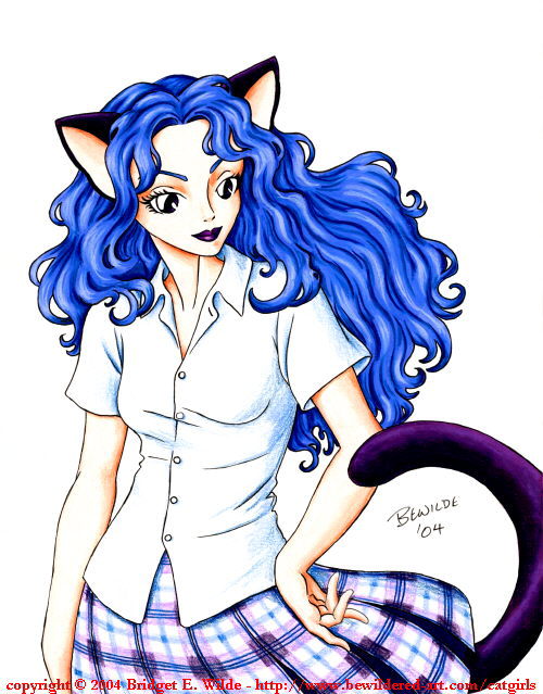 bewildered, traditional media, 00s, 1girl, 2004, animal ears, black eyes, blue hair, blue lips, blue skirt, breasts, cat ears, cat girl, cat tail, female focus, hand on own hip, long hair, looking at viewer, medium breasts, plaid clothes, plaid skirt, school uniform, shirt, short sleeves, skirt, solo, standing, tail, white background, white shirt