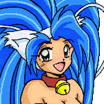 felicia (darkstalkers), capcom, darkstalkers, artist request, lowres, 1girl, animal ears, black eyes, blue hair, blush, breasts, cat ears, cat girl, cleavage, collar, fang, large breasts, long hair, looking at viewer, neck bell, open mouth, smile, upper body