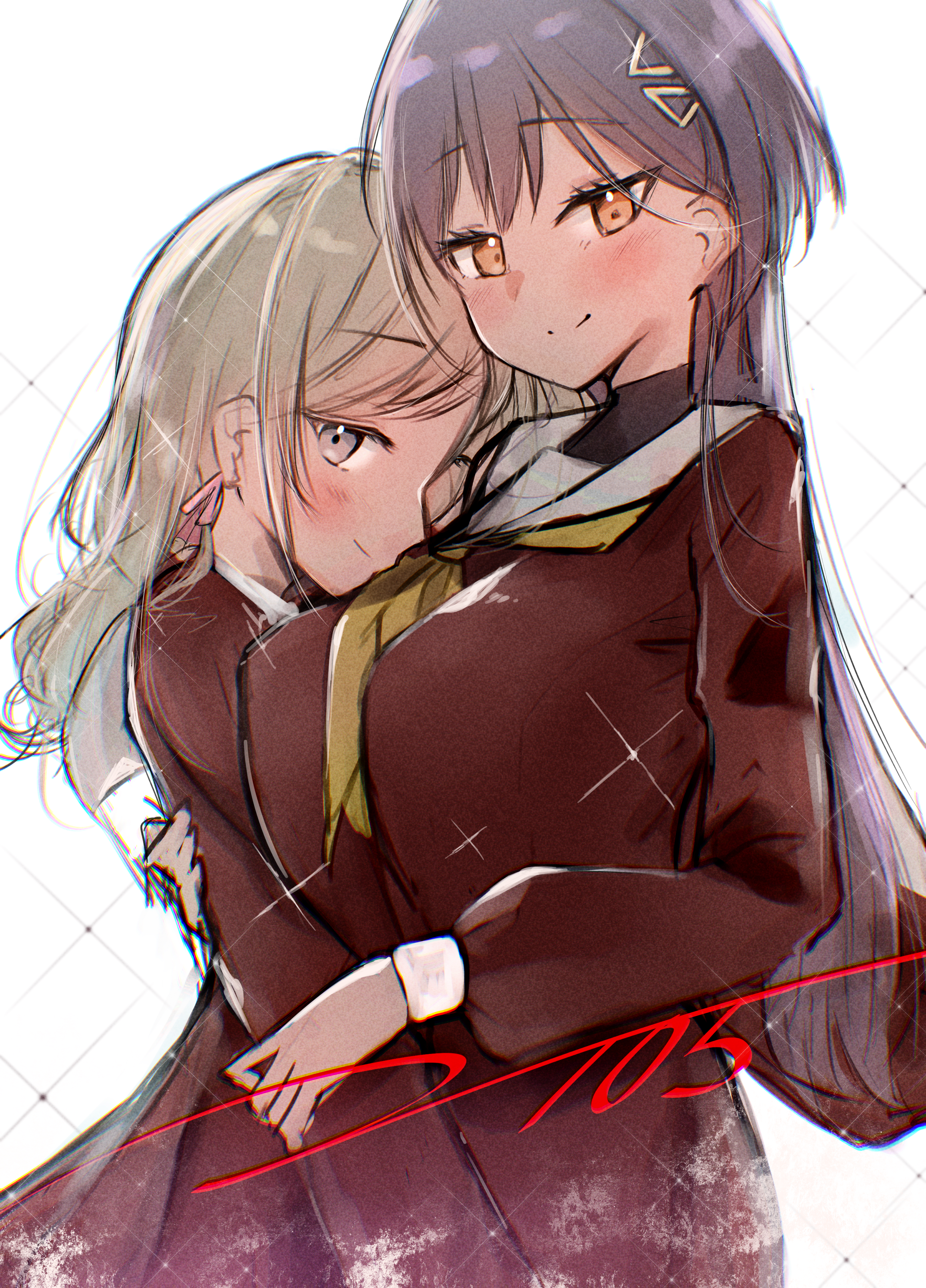 syoma (1026syoma), ceras yanagida lilienfeld, katsuragi izumi, link! like! love live!, love live!, absurdres, commentary request, highres, 2girls, alternate breast size (larger), blush, breasts, brown dress, closed mouth, cowboy shot, dress, edel note, grey eyes, grey hair, hair ornament, hair ribbon, hasu no sora school uniform, huge breasts, long hair, long sleeves, looking at viewer, multiple girls, neckerchief, neckerchief between breasts, orange eyes, pink ribbon, profile, ribbon, sailor collar, sailor dress, school uniform, sidelocks, simple background, smile, split mouth, triangle hair ornament, turtleneck, virtual youtuber, white background, white sailor collar, winter uniform, wolf cut, yellow neckerchief