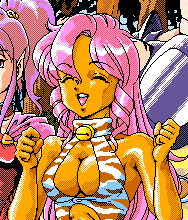 pierce (dragon pink), pink (dragon pink), dragon pink, lowres, 3girls, animal ears, animal print, bell, breasts, cape, cat ears, cat girl, choker, cleavage, cleavage cutout, closed eyes, clothing cutout, dark skin, jingle bell, large breasts, leotard, looking at viewer, multiple girls, open mouth, pink hair, pointy ears, ponytail, print leotard, purple cape, purple hair, smile, standing, teeth, upper body, white leotard