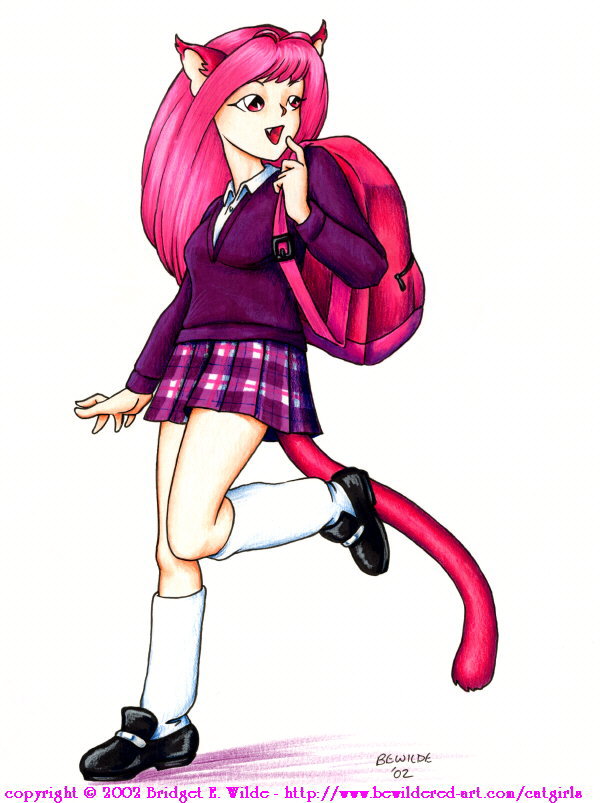 bewildered, traditional media, 00s, 1girl, 2002, animal ears, backpack, bag, black shoes, breasts, cat ears, cat girl, cat tail, fang, female focus, long hair, long sleeves, looking up, medium breasts, open mouth, pink hair, plaid clothes, plaid skirt, purple skirt, purple sweater, red eyes, school uniform, shirt, shoes, skirt, smile, socks, solo, standing, standing on one leg, sweater, tail, white background, white shirt, white socks