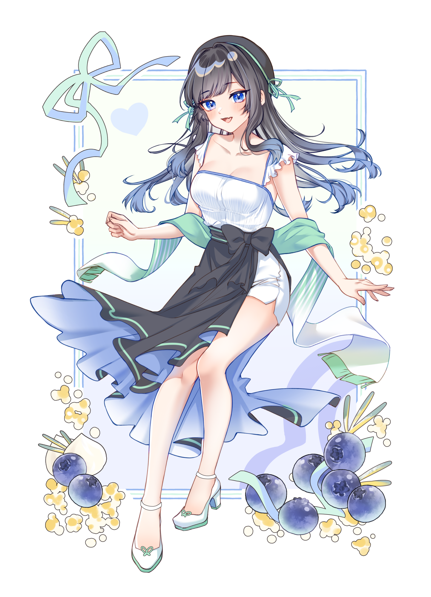 carrot (robosquat), original, highres, 1girl, :d, aqua ribbon, aqua scarf, black bow, black hair, black skirt, blue eyes, blueberry, bow, bow skirt, breasts, cleavage, dress, food, fruit, hair intakes, hair ribbon, high heels, knees, legs, long hair, medium breasts, nadeshiko (carrot robosquat), open mouth, ribbon, scarf, shoes, simple background, skirt, smile, solo, thighs, tongue, white background, white dress, white shoes