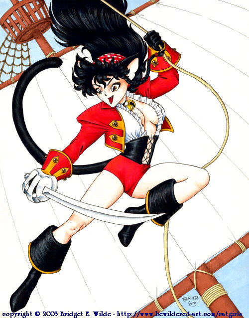 bewildered, red headwear, traditional media, 00s, 1girl, 2003, animal ears, bell, black boots, black gloves, black hair, boots, breasts, brown eyes, cat ears, cat girl, cat tail, cleavage, collar, fang, female focus, gloves, headscarf, holding, jacket, jingle bell, long hair, long sleeves, medium breasts, neck bell, open mouth, pirate, pirate ship, red jacket, red shorts, rope, sail, shirt, shorts, smile, solo, sword, tail, weapon, white shirt