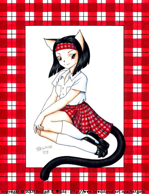 bewildered, traditional media, 00s, 1girl, 2003, animal ears, black hair, black shoes, breast pocket, breasts, cat ears, cat girl, cat tail, female focus, hairband, kneehighs, looking at viewer, medium breasts, plaid clothes, plaid skirt, pocket, red eyes, red skirt, school uniform, shoes, short hair, sitting, skirt, smile, socks, solo, tail, white background, white socks