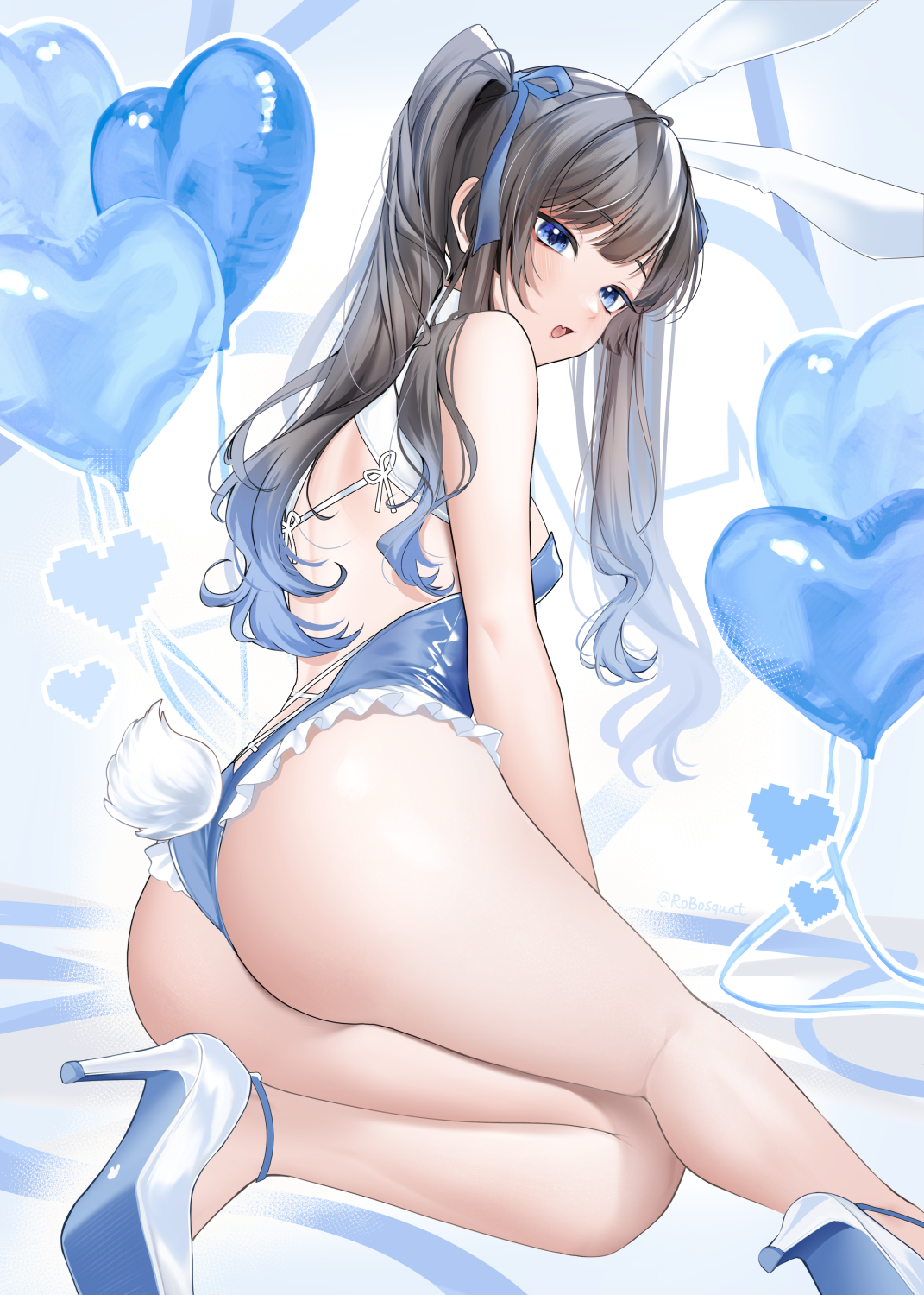 carrot (robosquat), original, highres, 1girl, :o, animal ears, ass, balloon, black hair, blue eyes, blue leotard, blue ribbon, bunny day, covered erect nipples, fake animal ears, fake tail, hair ribbon, heart, heart background, high heels, leotard, long hair, nadeshiko (carrot robosquat), open mouth, playboy bunny, rabbit ears, rabbit tail, ribbon, shoes, tail, thighs, tongue, twintails, white shoes