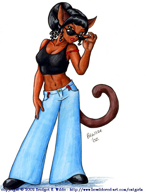 bewildered, traditional media, 00s, 1girl, 2002, animal ears, black hair, black shirt, black shoes, blue pants, breasts, brown eyes, cat ears, cat girl, cat tail, cleavage, collarbone, dark skin, denim, female focus, glasses, jeans, long hair, looking at viewer, medium breasts, midriff, navel, pants, ponytail, red lips, shirt, shoes, solo, sunglasses, tail, tank top, white background