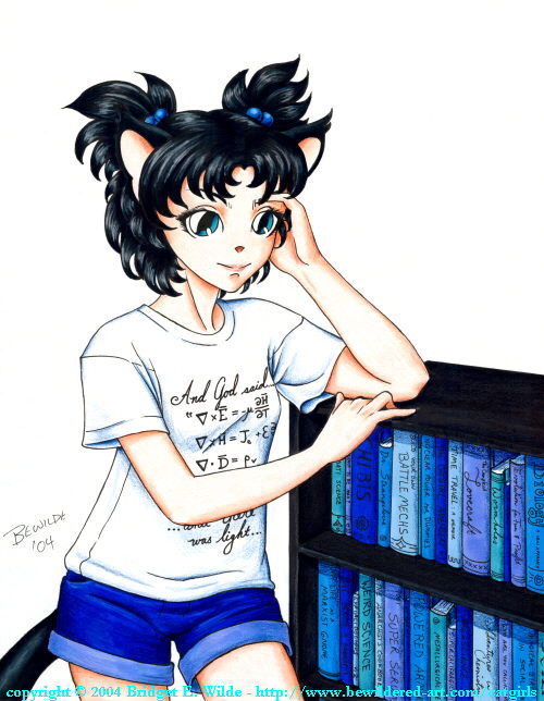 bewildered, traditional media, 00s2004, 1girl, animal ears, bible verse, black hair, blue eyes, blue shorts, book, bookshelf, breasts, cat ears, cat girl, cat tail, clothes writing, denim, denim shorts, female focus, hair bobbles, hair ornament, looking at viewer, math, shirt, short hair, short sleeves, shorts, small breasts, smile, solo, tail, twintails, white background, white shirt