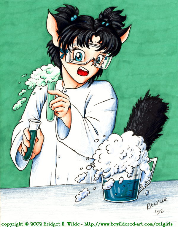 bewildered, traditional media, 00s, 1girl, 2002, animal ears, beaker, black hair, blue eyes, cat ears, cat girl, cat tail, fangs, hair bobbles, hair ornament, holding, jacket, long sleeves, open mouth, safety glasses, scientist, short hair, surprised, tail, teeth, test tube, twintails, upper body, white jacket